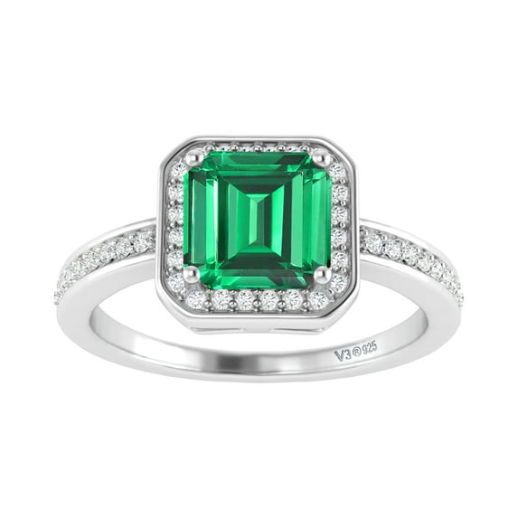 Sterling Silver with Emerald and White Topaz Halo Ring