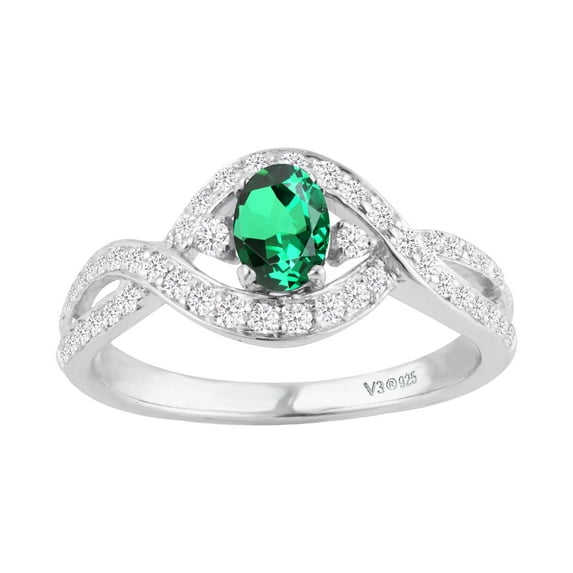 Sterling Silver with Emerald and White Zircon Engagement Ring