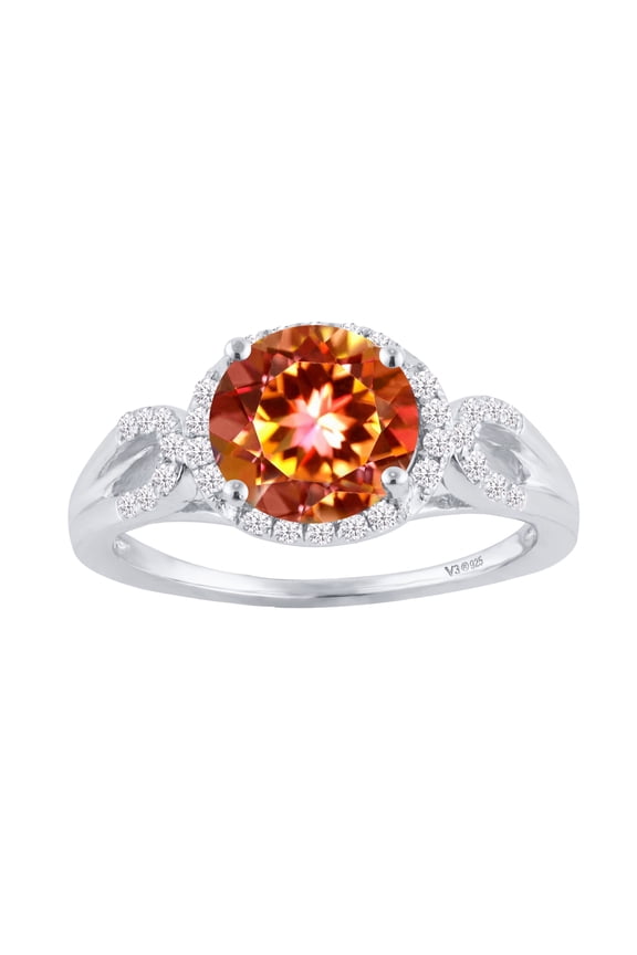 Sterling Silver with Fire Topaz and White Zircon Halo Ring
