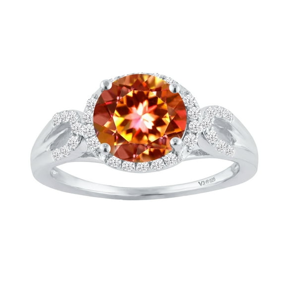 Sterling Silver with Fire Topaz and White Zircon Halo Ring