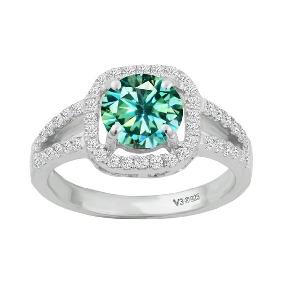 Sterling Silver with Green Moissanite and White Diamond Halo Ring