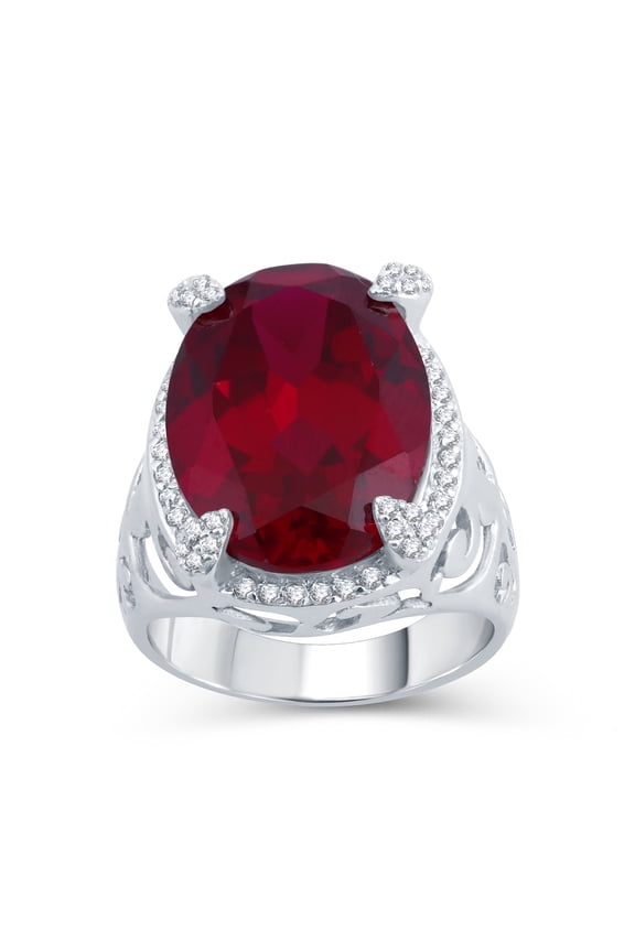 Sterling Silver with Large Oval Ruby and Natural White Topaz Halo Cocktail Ring