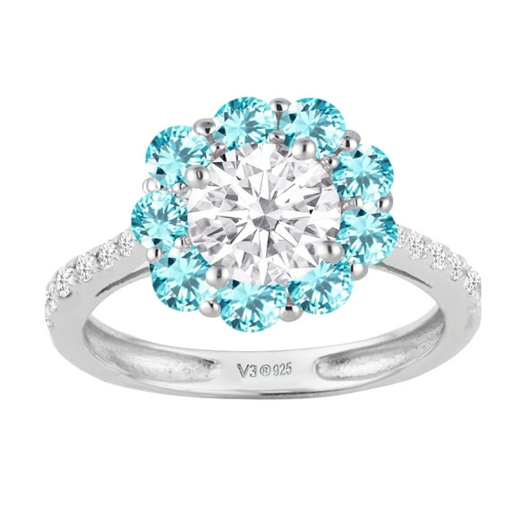 Sterling Silver with Moissanite, Blue Zircon and Genuine White Diamond Halo Ring