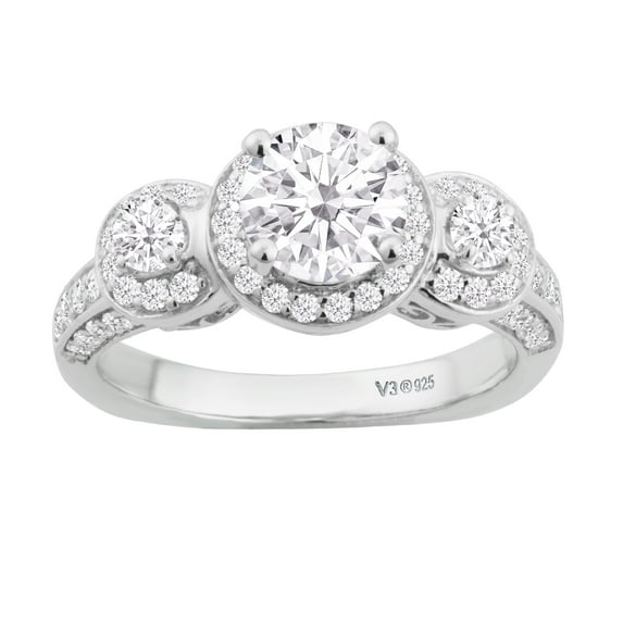 Sterling Silver with Moissanite and Genuine White Diamond Three Stone Ring