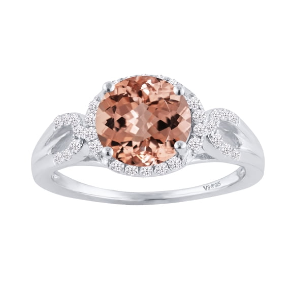 Sterling Silver with Morganite and White Zircon Halo Ring
