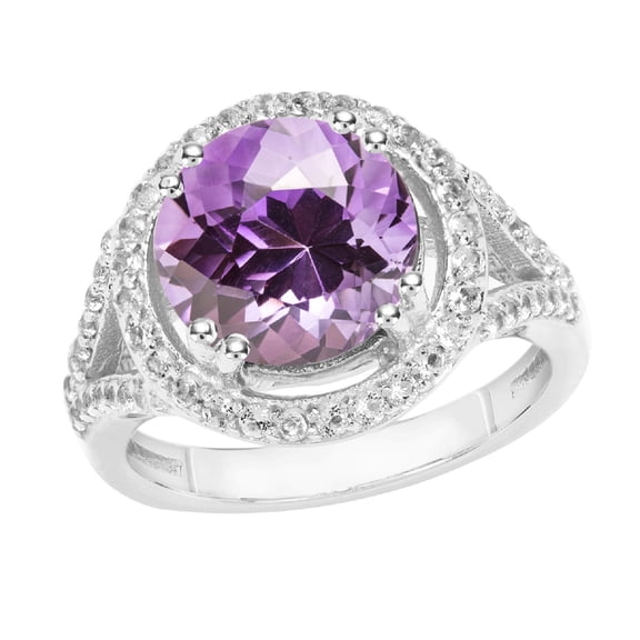 Sterling Silver with Natural Amethyst and Natural White Topaz Halo Ring