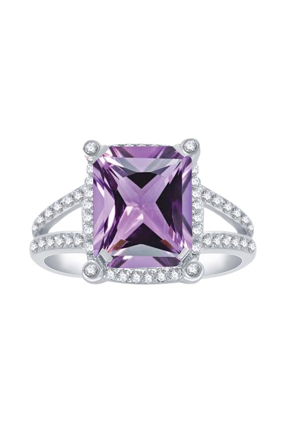 Sterling Silver with Natural Amethyst and White Topaz Halo Ring