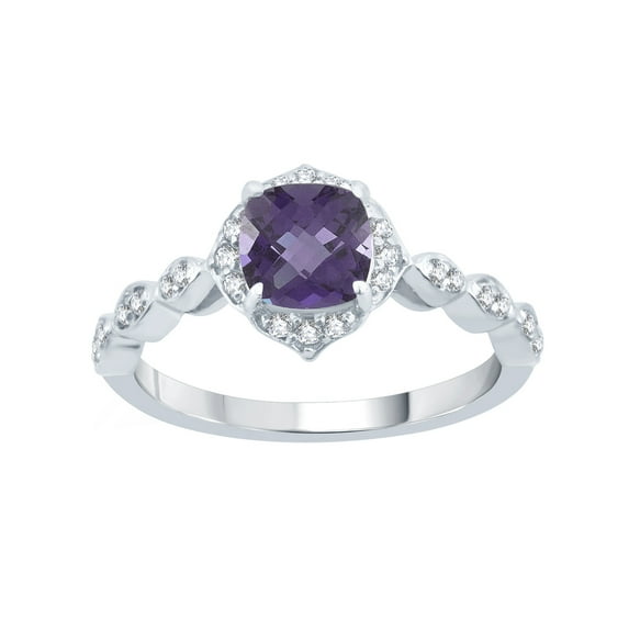 Sterling Silver with Natural Amethyst and White Topaz Halo Ring