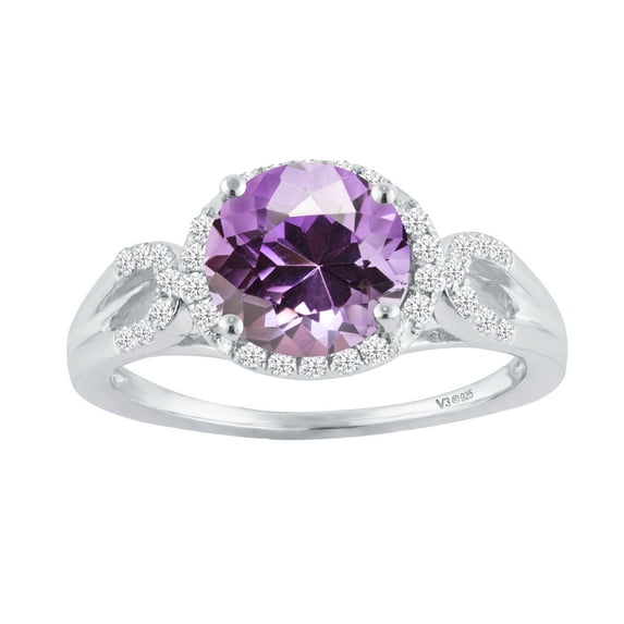 Sterling Silver with Natural Amethyst and White Zircon Halo Ring