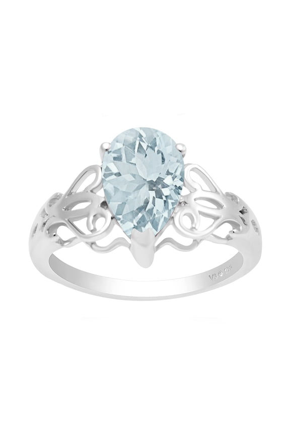 Sterling Silver with Natural Aquamarine Scroll Work Ring