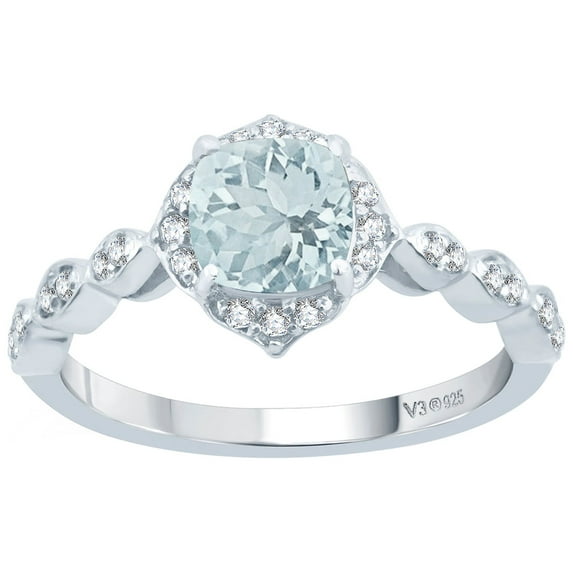 Sterling Silver with Natural Aquamarine and White Topaz Halo Ring