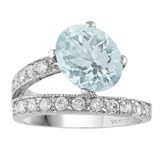 Sterling Silver with Natural Aquamarine and White Topaz Solitaire Ring