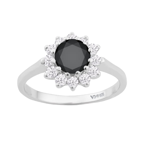 Sterling Silver with Natural Black Spinel and White Topaz Halo Ring