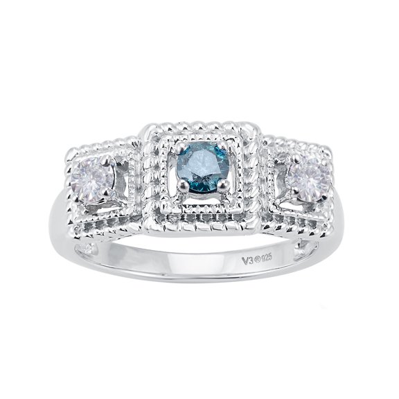 Sterling Silver with Natural Blue Diamond and Moissanite Three Stone Promise Ring