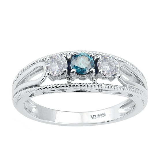 Sterling Silver with Natural Blue Diamond and Moissanite Three Stone Promise Ring
