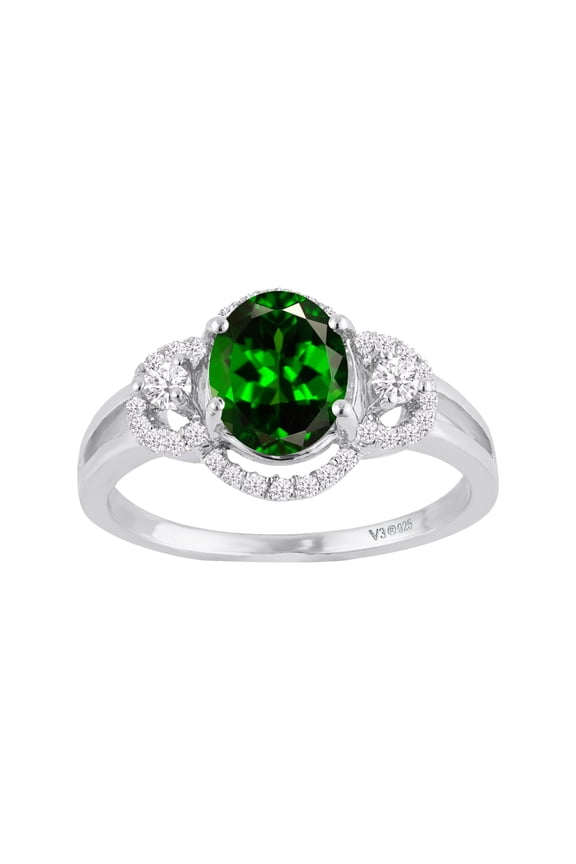 Sterling Silver with Natural Chrome Diopside and White Zircon Halo Ring