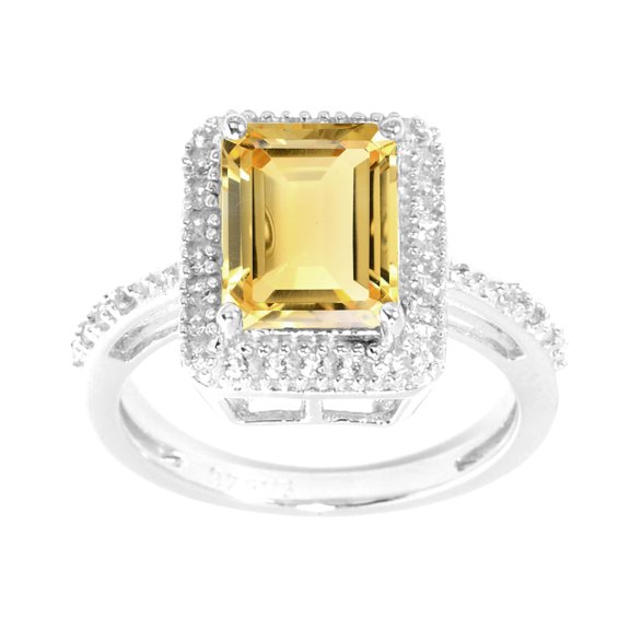 Sterling Silver with Natural Citrine and White Topaz Emerald Cut Halo Ring