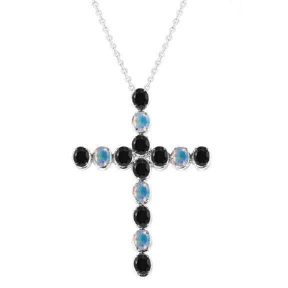 Sterling Silver with Natural Ethiopian Opal and Black Spinel Cross Pendant with 18" Chain