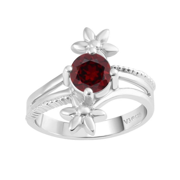 Sterling Silver with Natural Garnet Solitaire Flower Ring