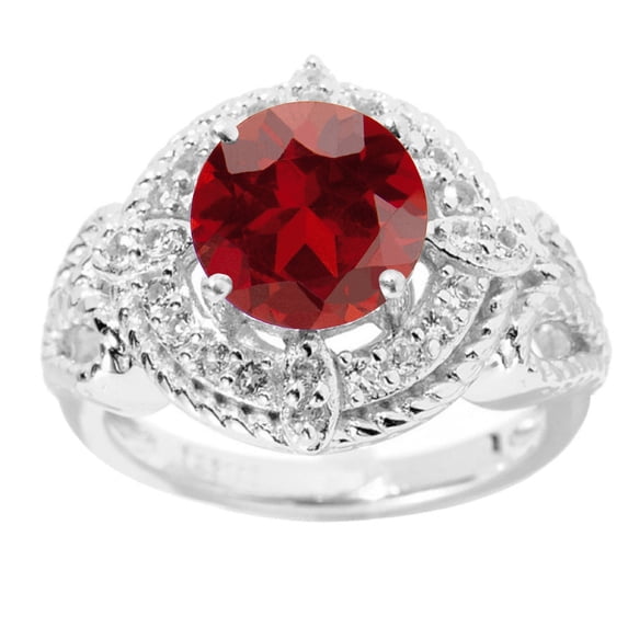 Sterling Silver with Natural Garnet and White Topaz Halo Ring