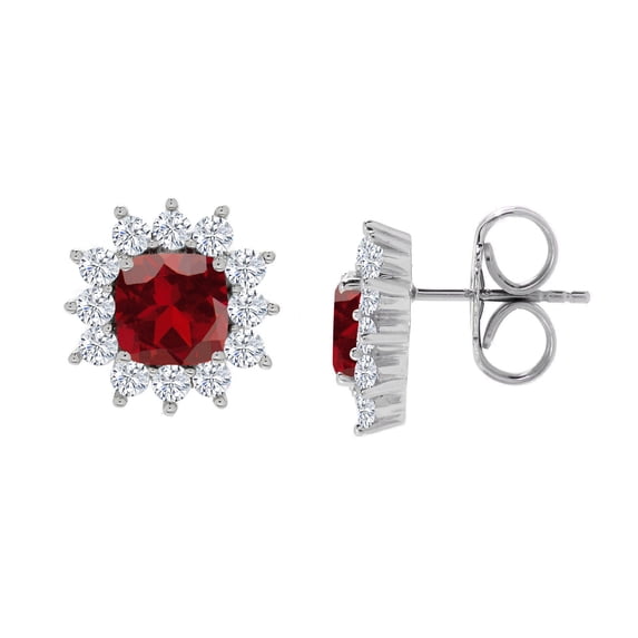 Sterling Silver with Natural Garnet and White Zircon Halo Stud Earrings