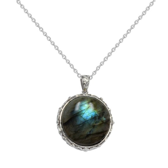 Sterling Silver with Natural Labradorite Circle Pendant with 18" Chain