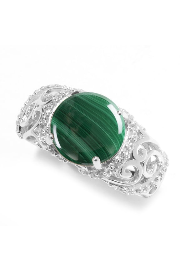 Sterling Silver with Natural Malachite and White Topaz Scrollwork Ring