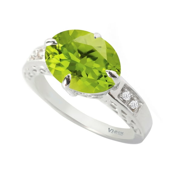 Sterling Silver with Natural Peridot and White Diamond Vintage Ring