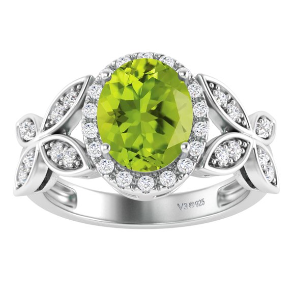 Sterling Silver with Natural Peridot and White Topaz Halo Ring
