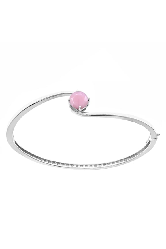 Sterling Silver with Natural Pink Opal Solitaire Bangle Bracelet-7.25"