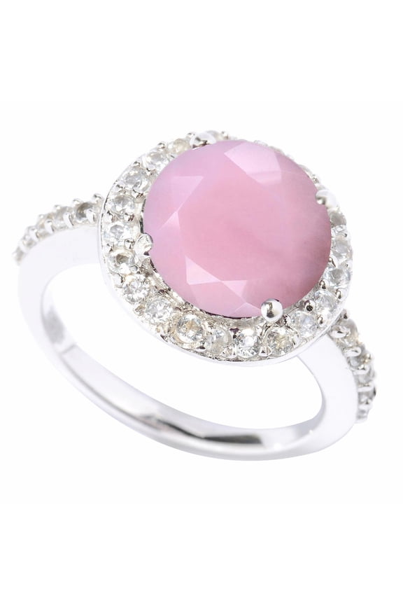 Sterling Silver with Natural Pink Opal and White Topaz Halo Ring