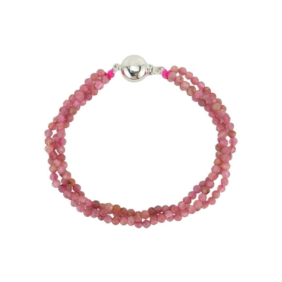 Sterling Silver with Natural Pink Tourmaline Three Row Beaded Bracelet-7.25"