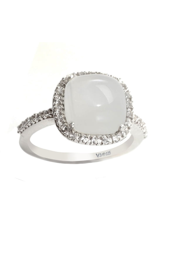 Sterling Silver with Natural Rainbow Moon Stone and Natural White Topaz Cushion Cut Halo Ring