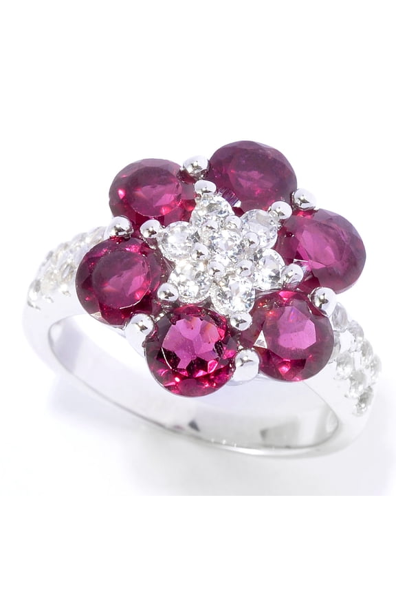 Sterling Silver with Natural Rhodolite Garnet & Natural White Topaz Flower Ring