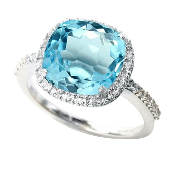 Sterling Silver with Natural Sky Blue Topaz and White Topaz Halo Ring