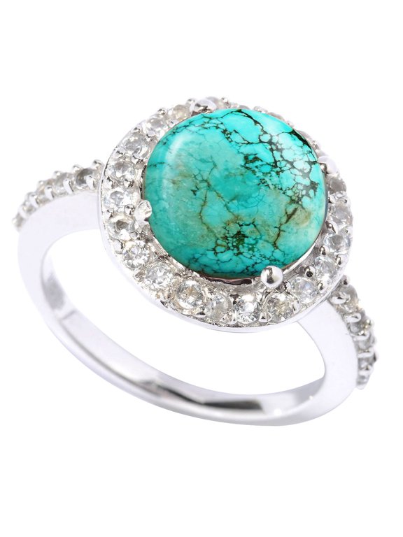 Sterling Silver with Natural Turquoise and White Topaz Halo Ring