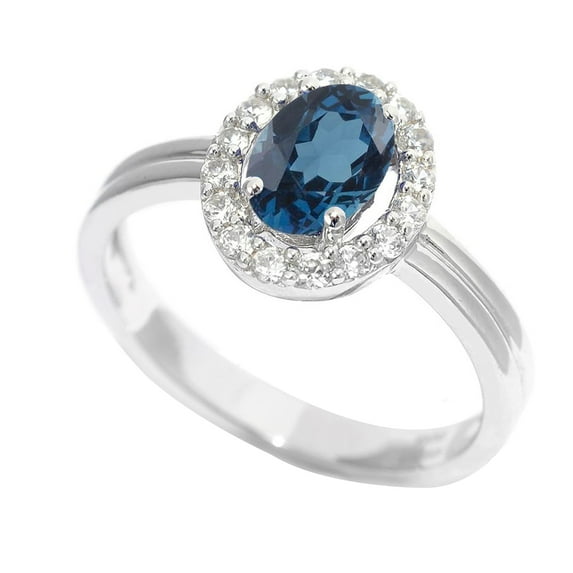 Sterling Silver with Oval Shape Natural London Blue Topaz and White Topaz Halo Ring for Women