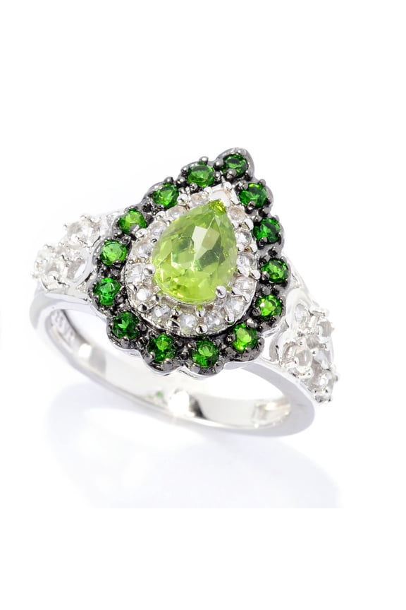 Sterling Silver with Pear Shape Natural Peridot, Chrome Diopside & White Topaz Halo Ring