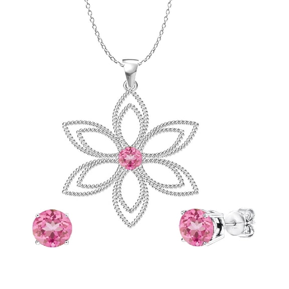Sterling Silver with Pink Topaz Solitaire Pendant and Stud Earring -18 " Chain