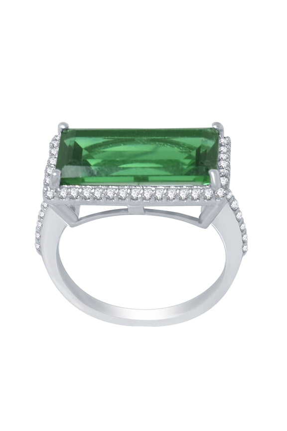 Sterling Silver with Rectangle Cut Green Emerald and Natural White Topaz Halo Ring