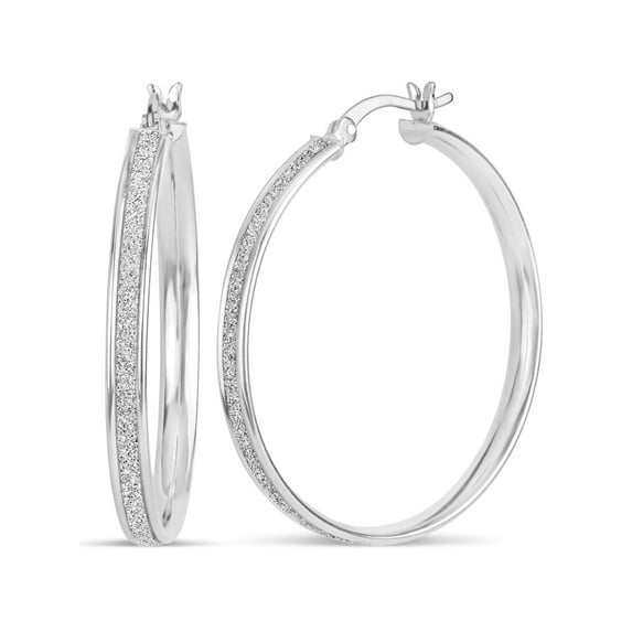 Sterling Silver with Rhodium Plated Glitter Hoop Earrings