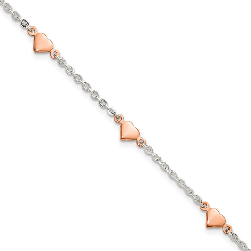 Sterling Silver with Rose-tone Polished Hearts 5-Station 9 inch with 1 inch Extension Anklet
