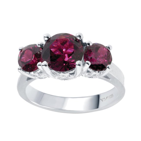 Sterling Silver with Round Shape Natural Rhodolite Garnet Three Stone Ring
