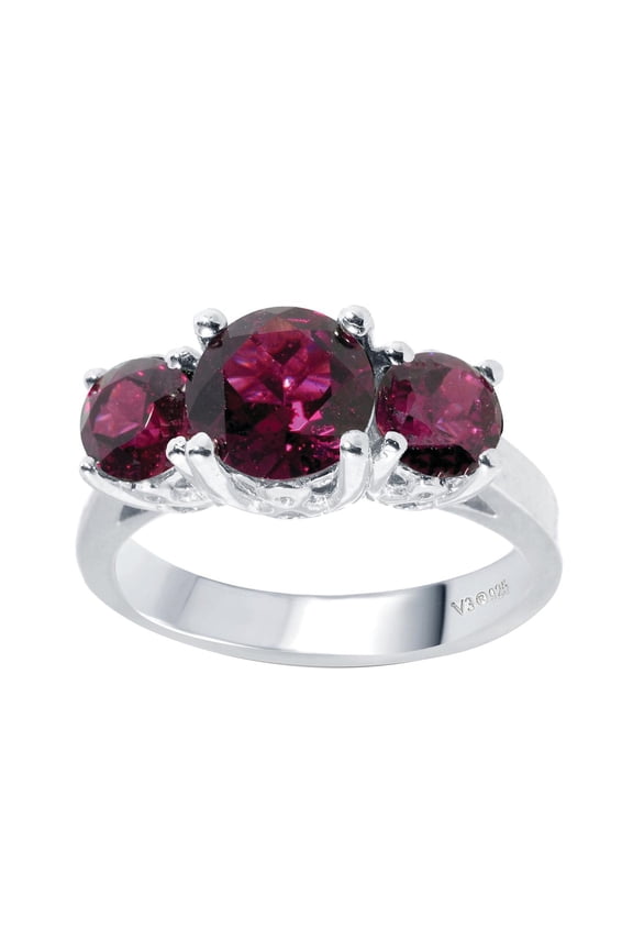 Sterling Silver with Round Shape Natural Rhodolite Garnet Three Stone Ring
