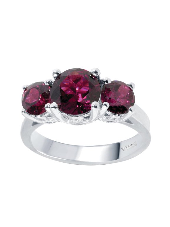 Sterling Silver with Round Shape Natural Rhodolite Garnet Three Stone Ring