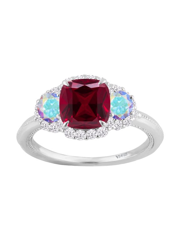 Sterling Silver with Ruby, Mercury Opal Topaz and White Zircon Three Stone Ring