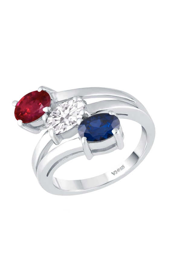 Sterling Silver with Ruby, White Topaz and Blue Sapphire Three Stone Ring