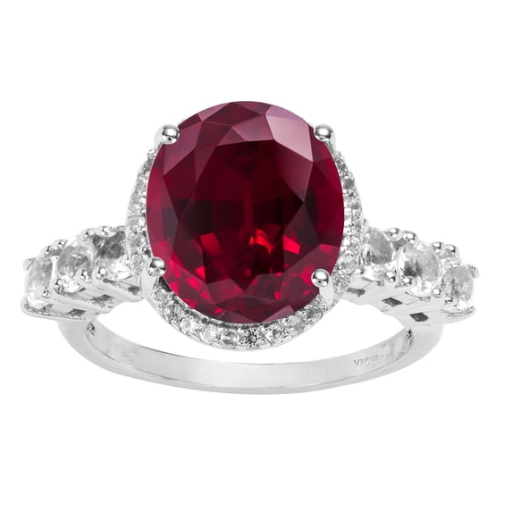 Sterling Silver with Ruby and White Zircon Halo Ring