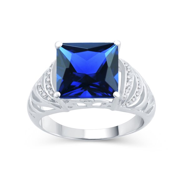 Sterling Silver with Square-cut Blue Sapphire and Natural White Topaz Cocktail Ring