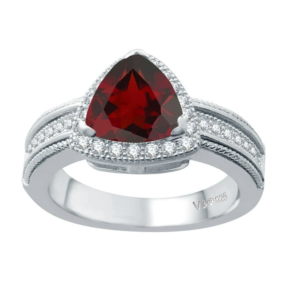 Sterling Silver with Trillion Shape Natural Garnet and White Topaz Halo Ring for Women